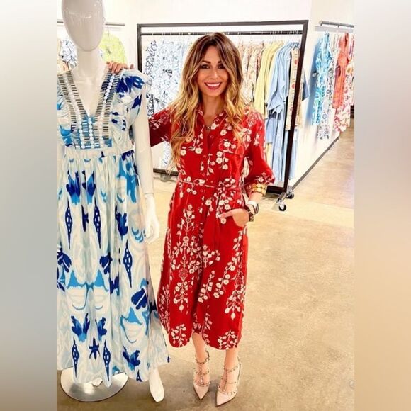Sheridan French Evans Red Floral Midi Dress with Gold Sleeve Embellishments Med - Picture 1 of 7